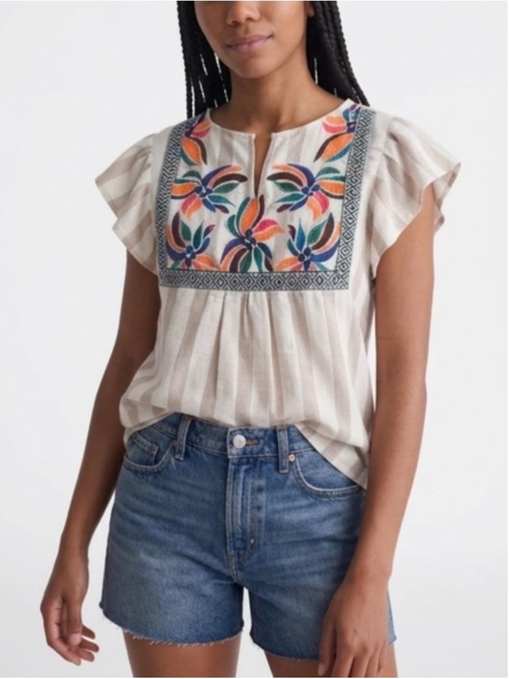 L Love Embroidered Striped Flutter Sleeve Boho Blouse Top Medium